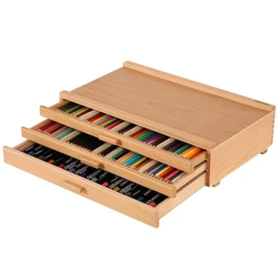 Afbeelding van VISWIN Opgewaardeerde 3 lade houten kunstenaar levering opbergdoos met verwijderbare verdelers, premium beukenhout kunst opbergdoos, draagbare organizer box voor verf, pastels, potloden, borstels en