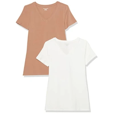 Afbeelding van Amazon Essentials Women&#039;s T shirt met korte mouwen en V hals in klassieke pasvorm, Pack of 2, Lichtbruin/Wit, S