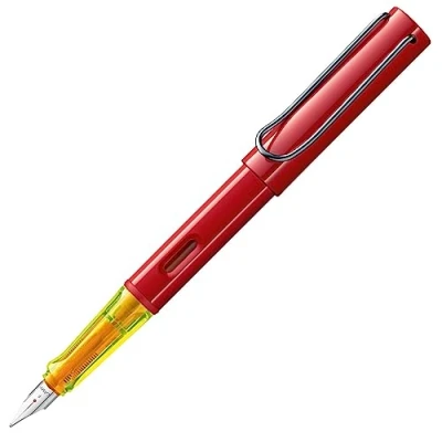 Afbeelding van Lamy AL star glossy red vulpen met ergonomische greep &amp; zwarte stalen veer in lijnbreedte F lichtgewicht aluminium behuizing incl. inktpatroon T 10 blauw rechtshandigen