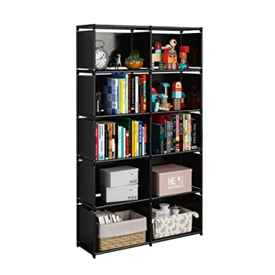 Afbeelding van JIUYOTREE 6 laags draagbare boekenplank met stoffen doek aan de achterkant, 10 kubussen kast opbergorganizer boekenkast, woonkamer, studeerkamer, slaapkamer, zwart