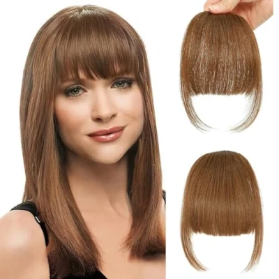 Afbeelding van Clip in Nette Pony 100% Echt Menselijk Haar Franje Dunne Op Haarstukje Lucht Met Tempel Wispy Hair Extensions voor Vrouwen (Lichtbruin, Pony)