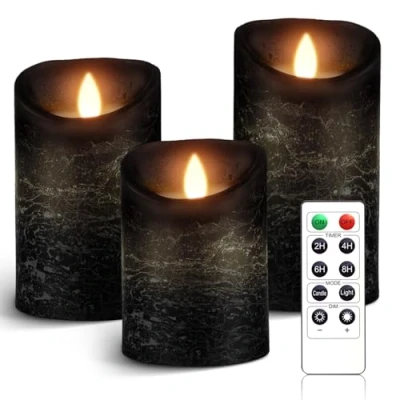 Afbeelding van AnnSpa Set van 3 zwarte led kaarsen, werkt op batterijen, met afstandsbediening, vlamloze echte was, flikkeren, bewegende vloeistof, amber, geel, licht, pillar ongeparfumeerde was voor