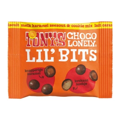 Afbeelding van Tony&#039;s Chocolonely Lil&#039;Bits Melk Karamel Zeezout &amp; Cookie Mix (15x 40gr)