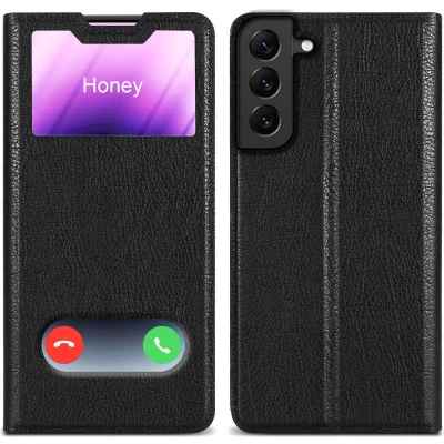 Afbeelding van Cadorabo Hoesje geschikt voor Samsung Galaxy S22 PLUS in KOMEET ZWART Beschermhoes met magnetische sluiting, standfunctie en 2 kijkvensters Book Case Cover Etui