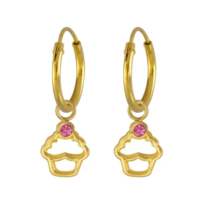 Afbeelding van JoyS Zilveren cupcake bedel oorbellen oorringen kristal roze 14k goudplating