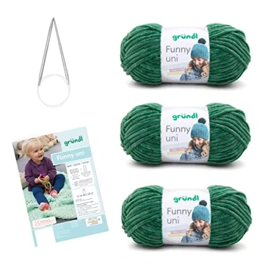 Afbeelding van Gründl Funny Uni Breiset (fluweelachtig chenille garen) 3 x 100 g + naalden 5 6 handleiding voor een babydeken, 34 19 8 cm, donkergroen
