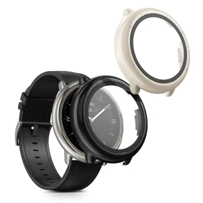 Afbeelding van kwmobile 2x cover geschikt voor Amazfit Active2 (A2437) Fitnesstracker van gehard glas en kunststof frame set zwart / beige