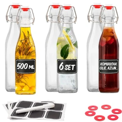 Afbeelding van 6 glazen flessen 500ml Swing Top Vierkant met om te Vullen incl. extra sluitingen &amp; etiketten stift voor olie, azijn, sap limonade