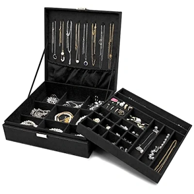 Afbeelding van ProCase Sieradenkistje, organizer voor vrouwen, twee lagen sieradendisplay, opbergkoffer met 8 halskettingen, beugels en uitneembare scheidingswand oorbellen, armbanden, ringen, zwart