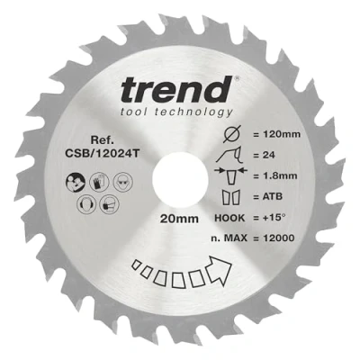 Afbeelding van Trend Hout draadloos cirkelzaagblad, 120mm diameter, 20mm boring, 24 tanden, 1,8 mm kerf, +15 haak, TCT, medium afwerking, CSB/12024T