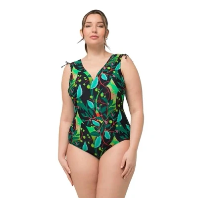 Afbeelding van Ulla Popken Colorful LEAF Print ONE Piece Badpak, Dames, Maat: 52, Black