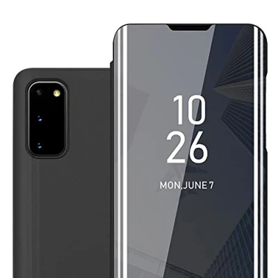 Afbeelding van Cadorabo Hoesje geschikt voor Samsung Galaxy S20 in TOERMALIJN ZWART Clear View Spiegel Beschermende Case met Tribunefunctie 360 Graden Bescherming Book Cover Etui