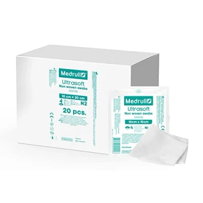 Afbeelding van Medrull Compressen niet geweven STERIL ULTRASOFT 4 laags 10 x 20 cm verpakt 2 stuks papieren zakken (40 stuks)