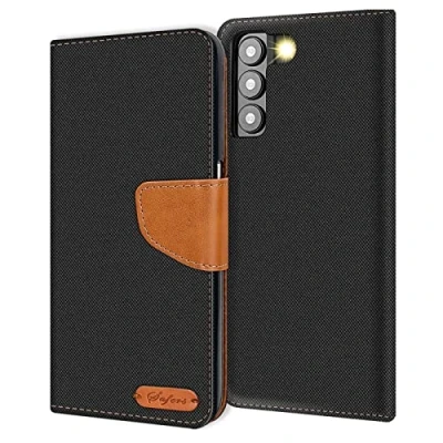 Afbeelding van Verco compatibel met Samsung Galaxy S23 Plus, beschermhoes voor S23+ 5G, hoes, denim textiel, bookcase, flip case, zwart