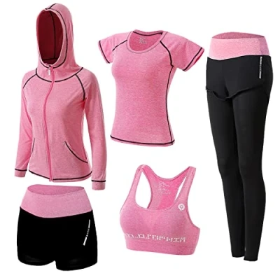Afbeelding van ZETIY Vrouwen 5 stks Yoga Pak Sweatsuit Activewear Sets Sport Fitness Kleding Dames Workout Outfit Sportpakken voor Running Jogging Gym, roze, M
