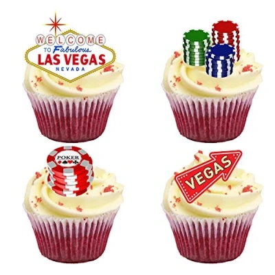 Afbeelding van 16 Stand Up Las Vegas Thema Premium Eetbare Wafer Papier Cake Toppers Decoraties