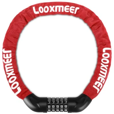 Afbeelding van Looxmeer Fietsslot cijferslot 90cm en hoog veiligheidsniveau, fietskettingslot cijfercode met gehard stalen kettingschakels 5 cijferige cijfercode, Rood