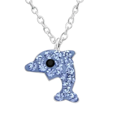 Afbeelding van JoyS Zilveren dolfijn hanger 11 x 10 mm kristal blauw met ketting 39 cm voor kinderen
