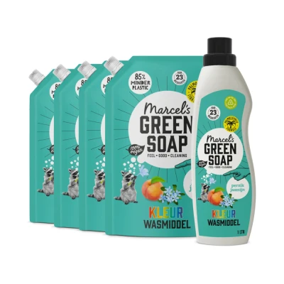 Afbeelding van Marcel&#039;s Green Soap Wasmiddel Kleur Perzik&amp;Jasmijn 23 Wasbeurten + 4 Navullingen Pakket