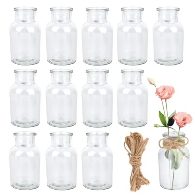 Afbeelding van VMUTGA 12 stuks mini vazen, 125 ml kleine glazen vazen met 8 m jute koord, transparante decoratie voor tafeldecoratie, bruiloftsdecoratie, verjaardagsdecoratie, tuinfeest