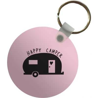 Afbeelding van Sleutelhanger Happy camper Quotes Spreuken Plastic Rond Uitdeelcadeautjes
