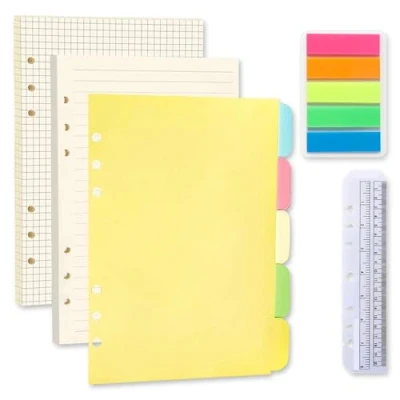 Afbeelding van 2 Pack A5 Navulpapier, 120 Vellen Navulbaar Navulpapier Gelinieerd 6 Gaten Binder Insteekvellen met Verdelers Indextabs Liniaal voor Rings Notitieboek Planner