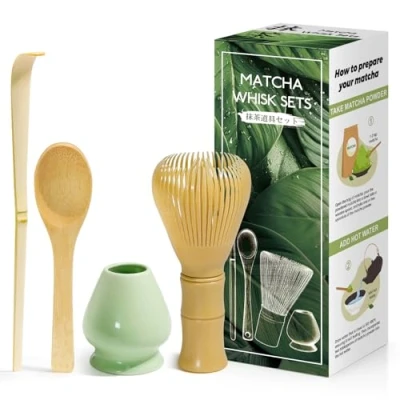 Afbeelding van 4 delige matcha set Japanse ceremonies, gele garde van harsachtig, bamboelepel, bamboeschep, gardehouder, voor theeceremonie, dranken, celadonblauw