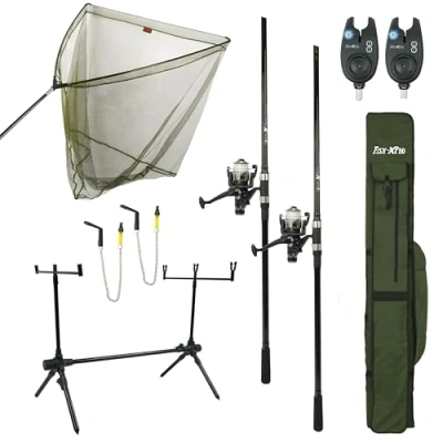 Afbeelding van FISH XPRO Karperset Improve Deluxe 2 Hengels compleet Karpernet Rodpod Beetmelders