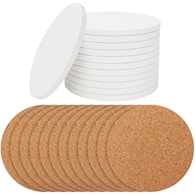 Afbeelding van Belle Vous Rond Witte Keramieken Onderzetters (12 Pak) 10,2 cm Ongeglazuurde Blanke Tegels &amp; Kurk Achterkant DIY Hobby, Acryl Gieten, Alcohol Inkt, Verven, Mozaïek Kunst Projecten