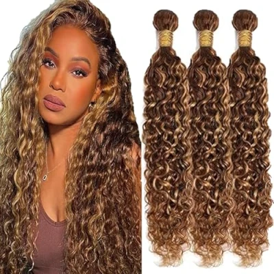 Afbeelding van Tuheerst Water Wave Human Hair Bundles Blonde Real Extensions Sew in Extension 3 P427 Highlight Double Weft Remy Low Shedding 28 Inch