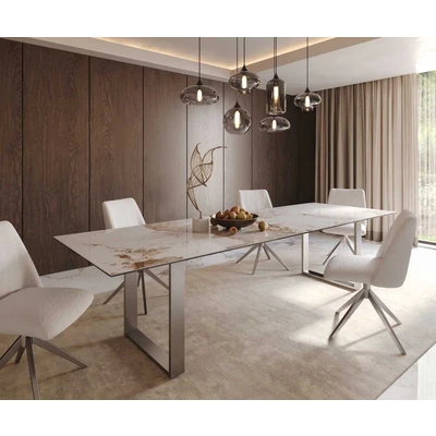 Afbeelding van DELIFE Eetkamertafel Edge 300x100 keramiek Minas Melange wit beige RVS Schmal