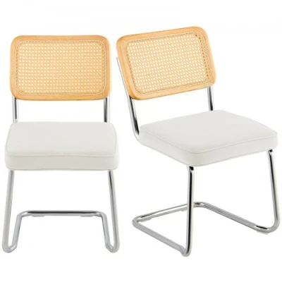 Afbeelding van VEVOR rotan stoelen, set van 2, Mid Century moderne eetkamerstoel, gestoffeerde fluwelen accenten stoel met rug, retro eetkamer keuken voor woonkamer, slaapkamer, leeskamer, kantoor, wit