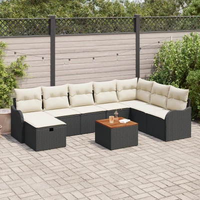 Afbeelding van vidaXL 9 delige Tuin Sofa Set met Kussens Zwart Poly Rattan, 2 Zits Rattan