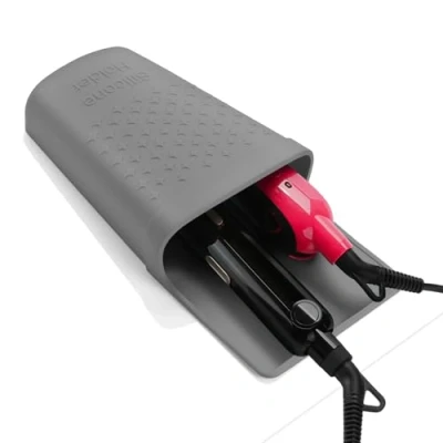 Afbeelding van ZAXOP Stijltanghouder, hittebestendige siliconen houder voor plat ijzer, krultang, heet haargereedschap, ijdelheid accessoires fix met roestvrijstalen haak. (grijs)