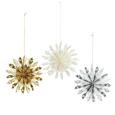 Afbeelding van Madam Stoltz papieren sneeuwvlokken hangers set van 3 wit, goud, zilver