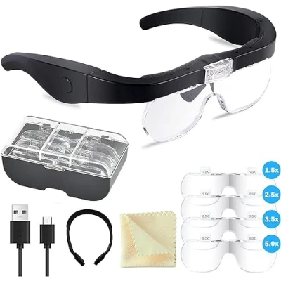 Afbeelding van Vergrootbril met licht, led hoofdband, USB oplaadbaar, afneembare lens, vergrootglas, lamp, headset, 2 ledlampen, 4 lenzen, 1,5 x 2,5 3,5 5