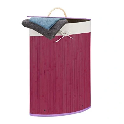 Afbeelding van Relaxdays wasmand hoekmodel bamboe 60 liter deksel wasbox driehoekig violet
