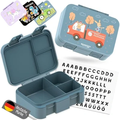 Afbeelding van BEARFOOT Bento Box compact, BPA vrije broodtrommel voor kinderen school en kleuterschool, lekvrije lunchbox meisjes jongens, praktisch, licht brandweerblauw, 650 ml