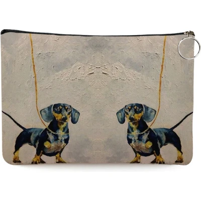 Afbeelding van Teckel etui toilettas make up tas linnen wit hond 25x17cm teckels aan leiband