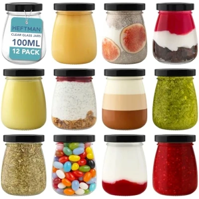 Afbeelding van HEFTMAN kleine glazen potten met deksels Set van 12 lege luchtdichte shotflessen 100 ml deksels, reisformaat lekvrije puddingpotten, yoghurtpotten, mini honingpotten, jampotten