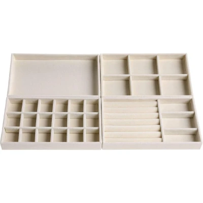 Afbeelding van Set van 4 stapelbare fluwelen Sieraden opberglade organizer verdeler insert beige Tray