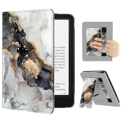 Afbeelding van Fintie hoesje compatibel met 7 inch Kindle Paperwhite (12e generatie, 2024) en Colorsoft Signature Edition (1e generatie), hoes handriem automatische slaap/waak, bewolkt marmer