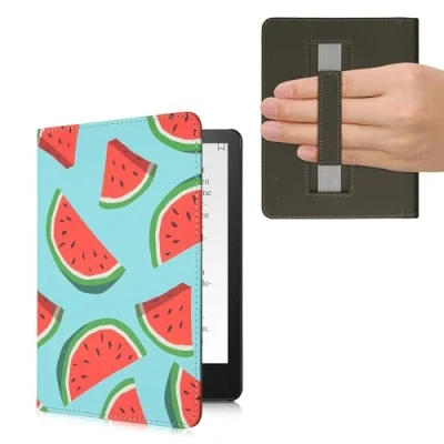 Afbeelding van kwmobile flip cover geschikt voor Amazon Kindle Paperwhite 11. Generation 2021 Case met magnetische sluiting Hoes e reader in rood / groen zwart Watermeloen design