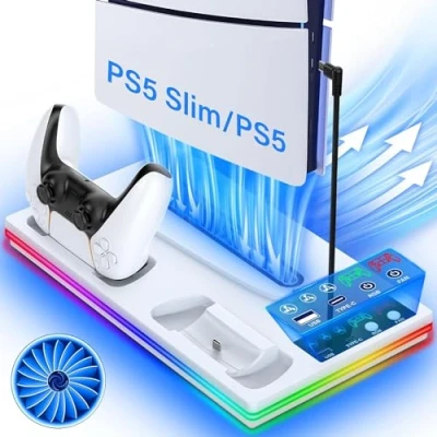 Afbeelding van 3 in 1 PS5 standaard met controller, laadstation en traps ventilator, voor Playstation 5 Slim&amp;Standard Disc/digitale console, koeler 10 RGB lampen 2 USB poorten