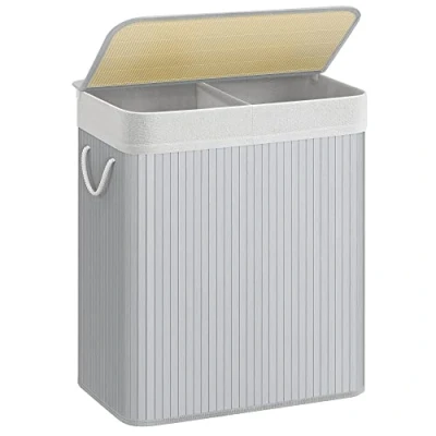 Afbeelding van SONGMICS Wasmand met deksel, wasverzamelaar 2 compartimenten, gemaakt van bamboe, wassorteerder, wasbox, waszak uitneembaar, katoenen handvaten, 100 liter, grijs LCB064G01