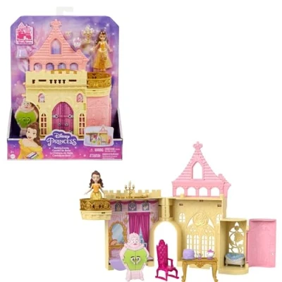 Afbeelding van Mattel Disney Prinses Speelgoed, Stapelbaar Belles Kasteel Poppenhuis Speelset met Kleine Pop en 8 Onderdelen, Geïnspireerd op de Film Reisspeelgoed Cadeaus voor Kinderen HLW94