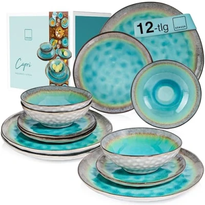 Afbeelding van Sänger dinerservies &#039;Capri&#039; van porselein 12 delige set voor 4 personen, Inhoud de schalen 700 ml, Bordenset in blauwe vintage stijl, Tafelservies, Porseleinservies
