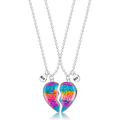Afbeelding van Bixorp Friends Vriendschapsketting voor 2 met Gekleurd Glitters Hart Zilverkleurig BFF Ketting twee