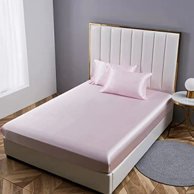 Afbeelding van Damier Satijnen hoeslaken, 160 x 200 cm, roze met zijdeglans, luxe effen geschikt voor matrassen tot 30 cm hoog