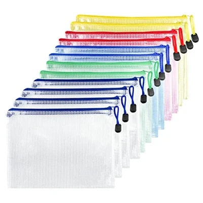 Afbeelding van Fousenuk 12 stuks documentenhoezen met ritssluiting, A4, waterdichte documentenhoes, mesh plastic ritshoes, hoezen rits voor documenten, papier, kwitanties, cosmetica, 5 kleuren